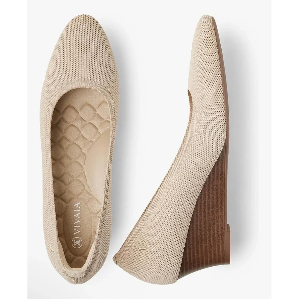 VIVAIA Womens Beige Knit Wedge Heel Pumps Comfortable Slip On‎ Shoes US/10